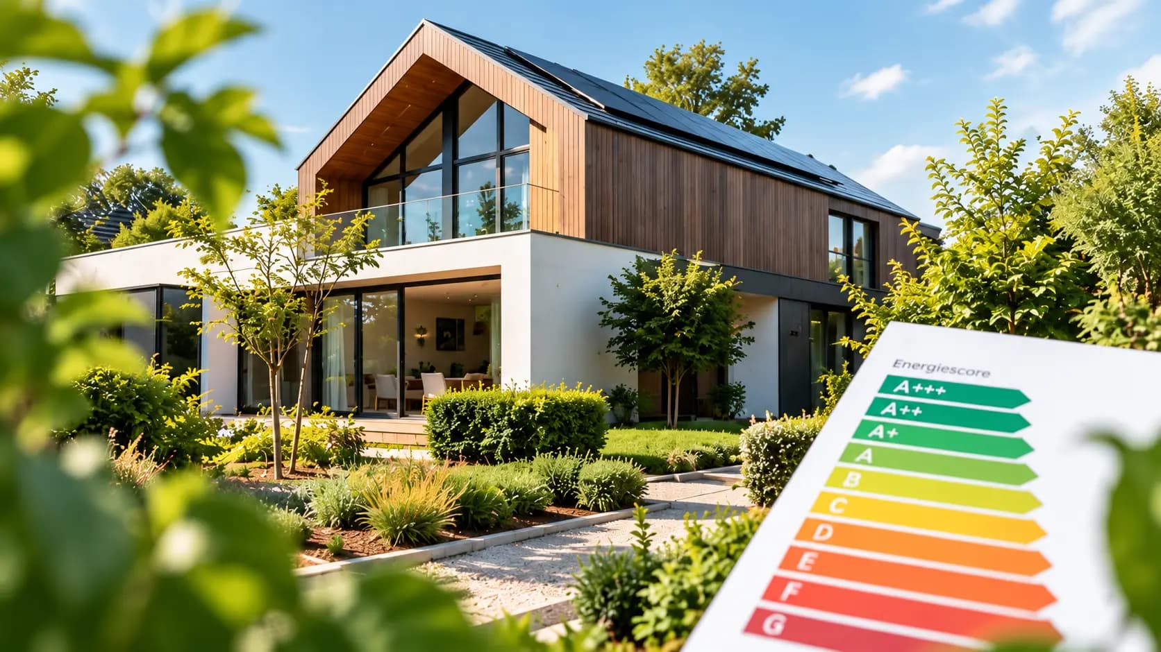 Moderne, duurzame woning met veel glas en groene beplanting