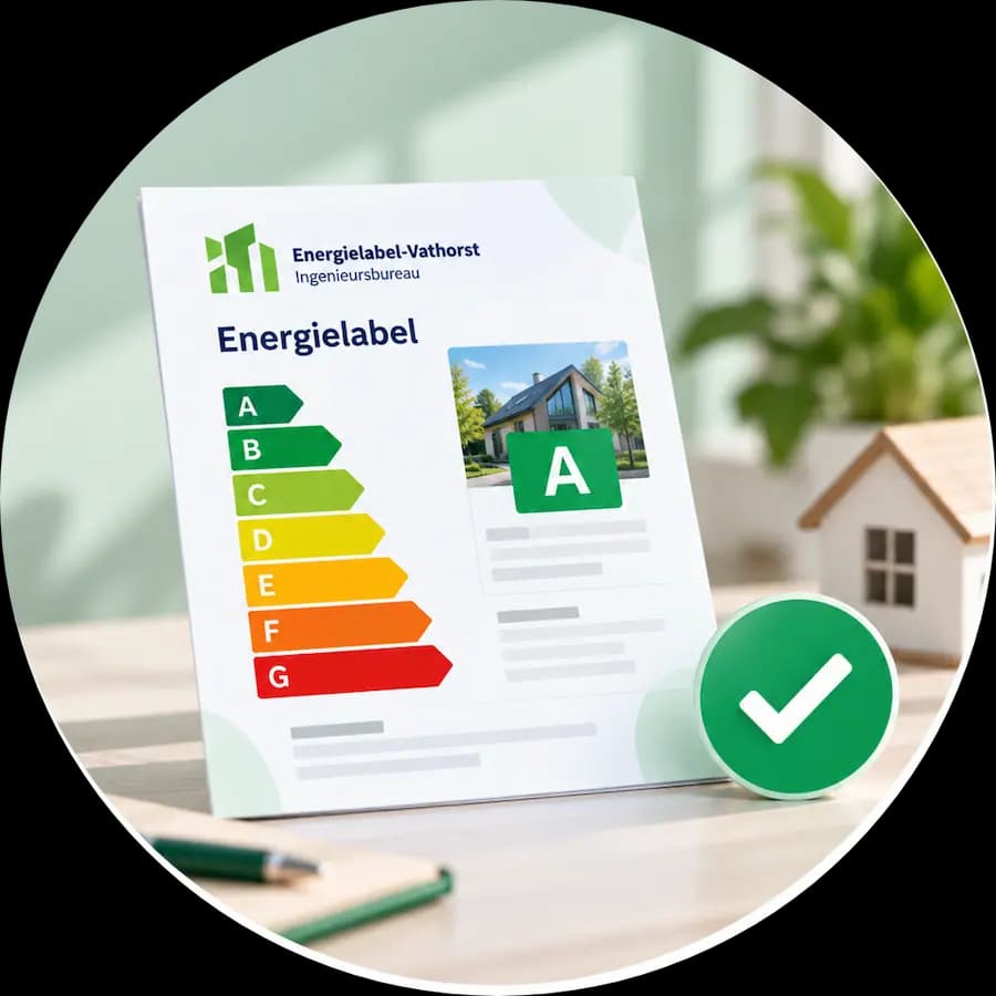 Energielabel met klasse A op een bureau, met een groen vinkje ernaast